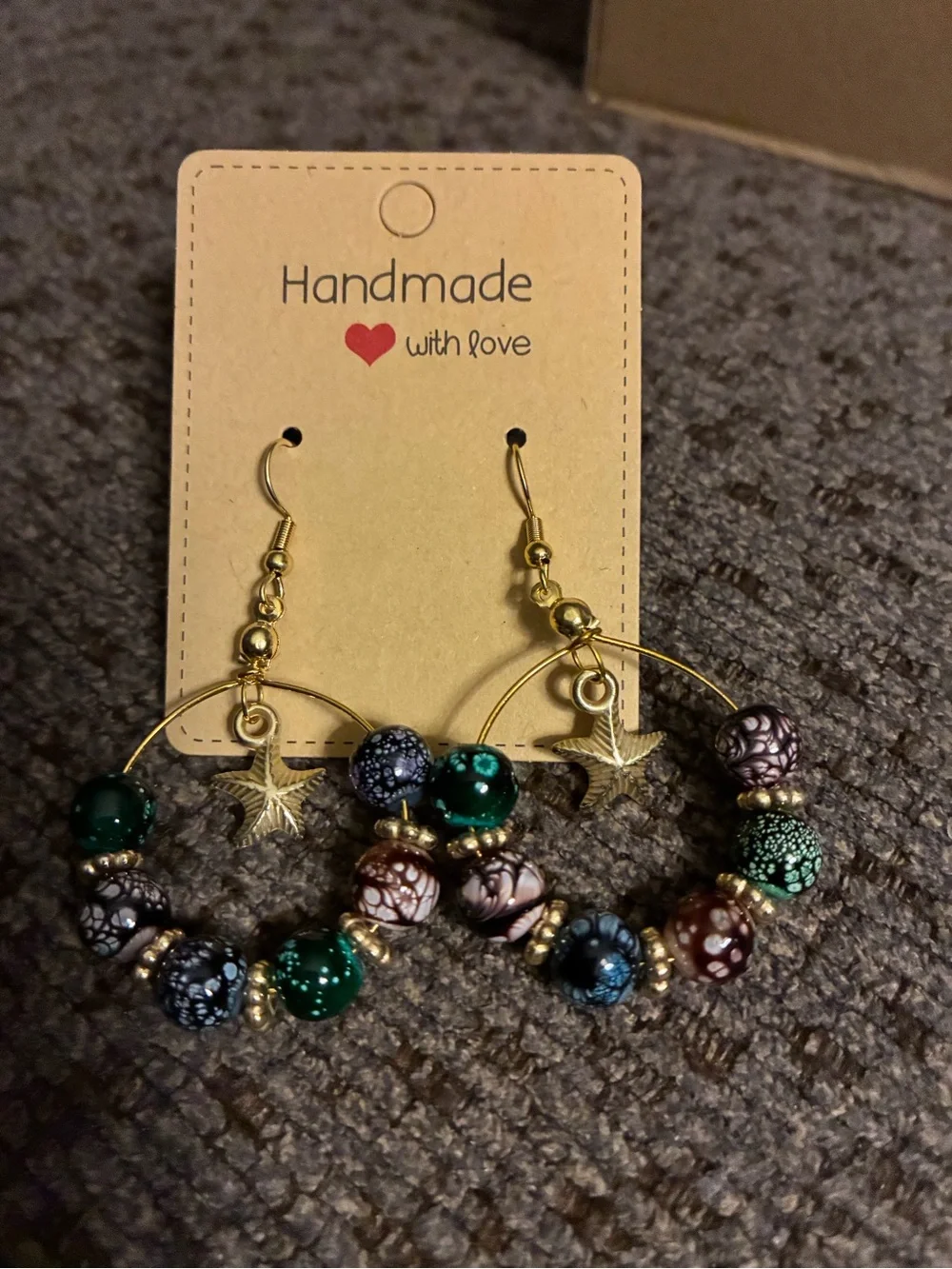 Handmade Gold Hoop Earrings with Multicolor Beads and Star Charm